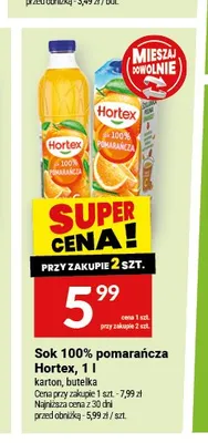 Sok 100% pomarańcza Hortex karton promocja w Twój Market