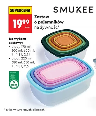 Zestaw 6 pojemników na żywność Smukee 220 ml 380 ml 650 ml 1 l 1,8 l 2,6 l promocja w Biedronka