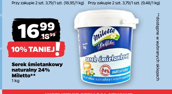 Serek śmietankowy naturalny Miletto 24% promocja w Netto