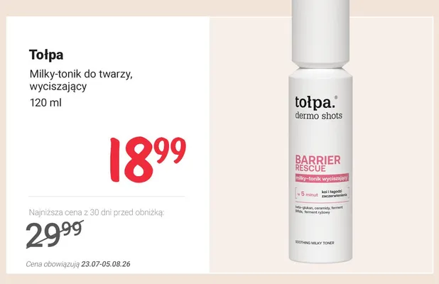 Milky-tonik do twarzy wyciszający Tołpa dermo shots Barrier Rescue promocja w Rossmann