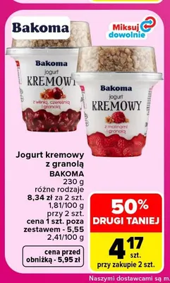 Jogurt kremowy z granolą Bakoma z wiśnią i czereśnią promocja w Carrefour