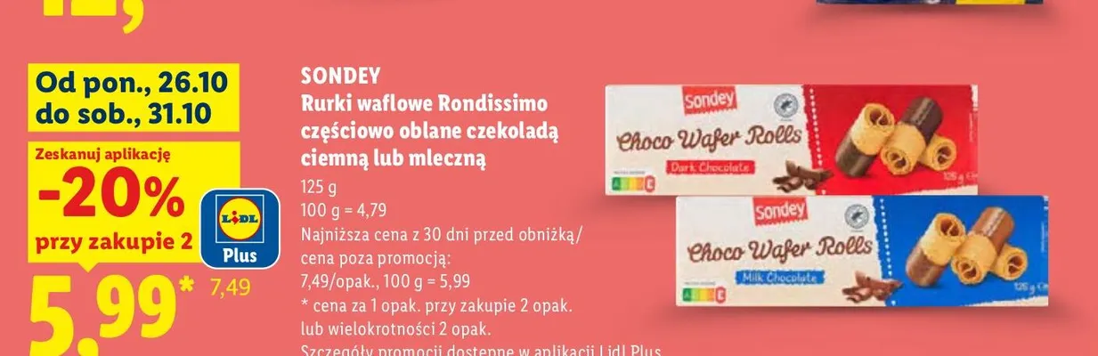 Rurki waflowe Rondissimo częściowo oblane czekoladą mleczną Sondey promocja w Lidl