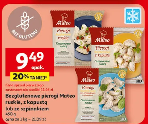 Bezglutenowe pierogi Mateo ruskie, z kapustą lub ze szpinakiem promocja w Auchan