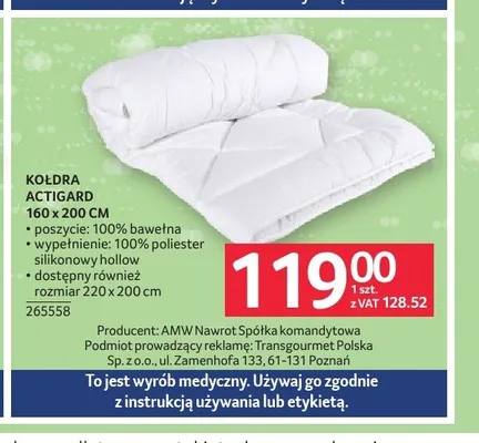 Kołdra Actigard 160x200 cm promocja w Selgros