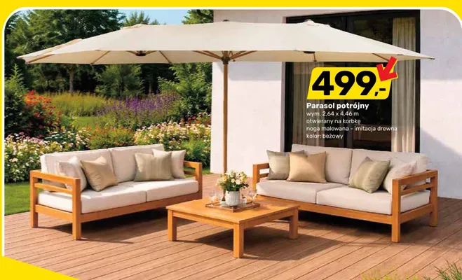Parasol potrójny otwierany na korbkę noga malowana imitacja drewna beżowy 2,64x4,46m promocja w Bricomarche
