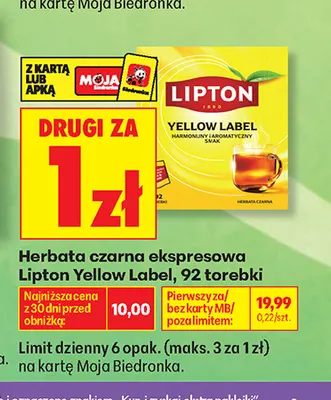 Herbata czarna ekspresowa Lipton Yellow Label promocja w Biedronka