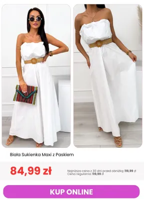 Sukienka damska maxi biała z paskiem ModnaKiecka.pl promocja w Modna Kiecka