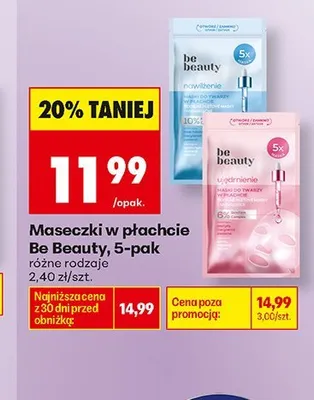 Maseczka w płachcie Be Beauty nawilżenie 5-pak promocja w Biedronka