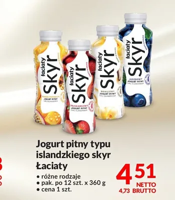 Jogurt pitny typu islandzkiego skyr Łaciate jagodowy promocja w Makro