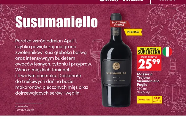 Wino czerwone Masseria Trajone Susumaniello Puglia promocja w Biedronka
