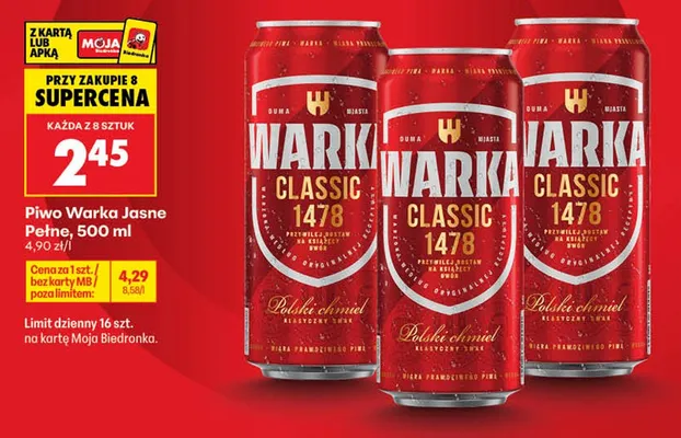 Piwo Warka Jasne Pełne promocja w Biedronka