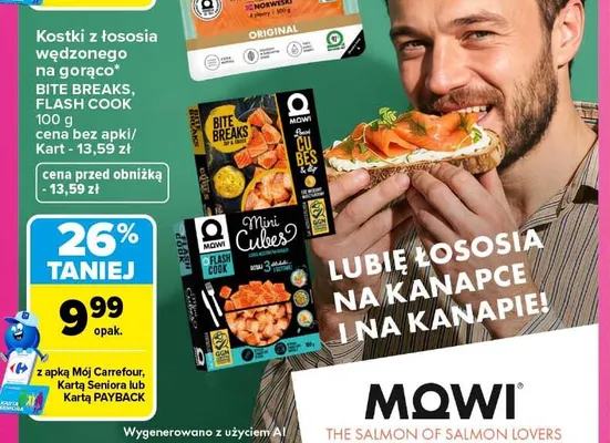 Kostki z łososia wędzonego na gorąco Bite Breaks Flash Cook Mowi promocja w Carrefour