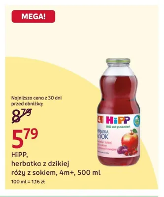 Herbatka z dzikiej róży z sokiem 4 m+ HiPP promocja w Rossmann
