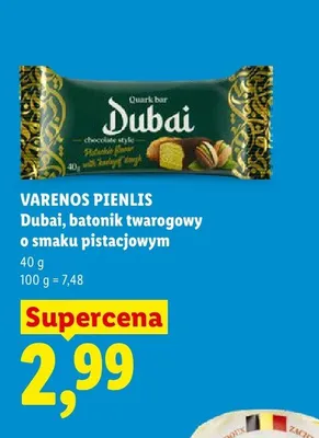 Batonik twarogowy Dubai o smaku pistacjowym Varenos Pienlis promocja w Lidl