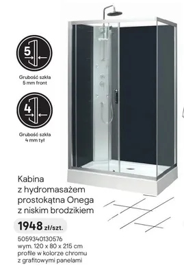 Kabina z hydromasażem prostokątna Onega z niskim brodzikiem 120x80x215 cm promocja w Castorama