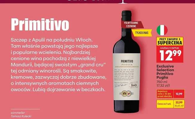 Wino Exclusive Selection Primitivo Puglia promocja w Biedronka