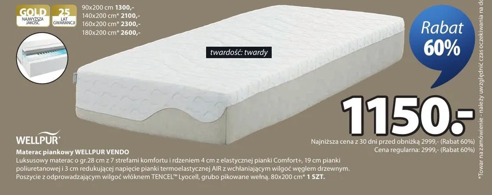 Materac piankowy Wellpur Vendo luksusowy materac o grubości 28cm promocja w Jysk