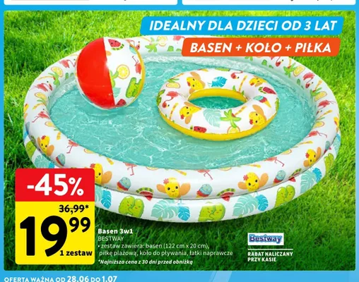 Zestaw basen + koło + piłka Bestway promocja w Intermarche
