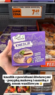 Knedlik Buchcik z powidłami śliwkowymi + posypką makową i saszetką z sosem waniliowym promocja w Biedronka