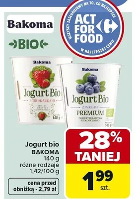 Jogurt bio BAKOMA truskawka promocja w Carrefour Market