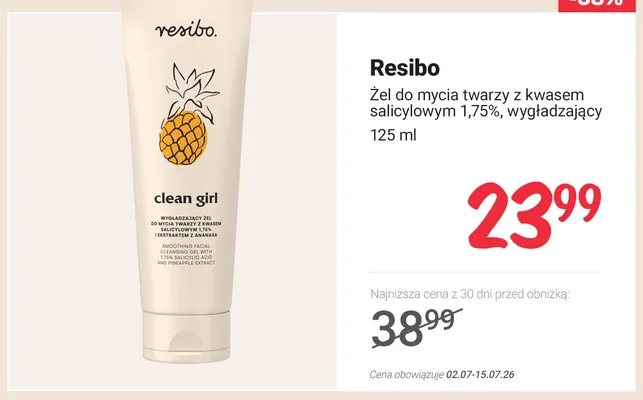 Żel do mycia twarzy Resibo z kwasem salicylowym 1,75% wygładzający promocja w Rossmann
