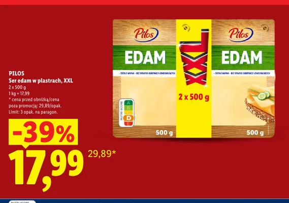 Ser edam w plastrach XXL Pilos 2-pak 500 g promocja w Lidl