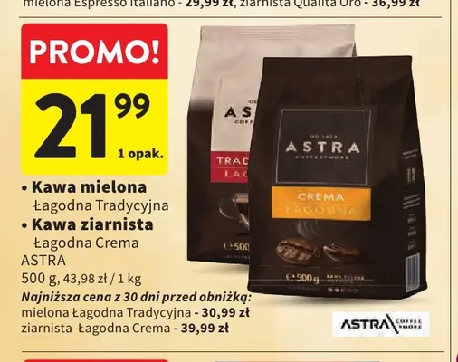 Kawa ziarnista Astra Łagodna Crema promocja w Intermarche
