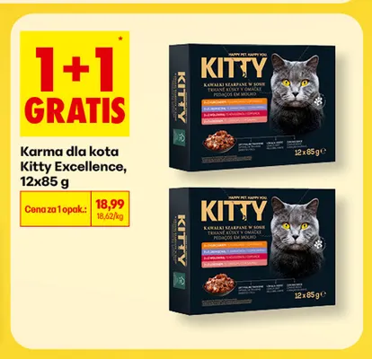 Karma dla kota Kitty Excellence kawałki szarpane w sosie z kurczakiem wołowiną jagnięciną i kaczką 12-pak promocja w Biedronka
