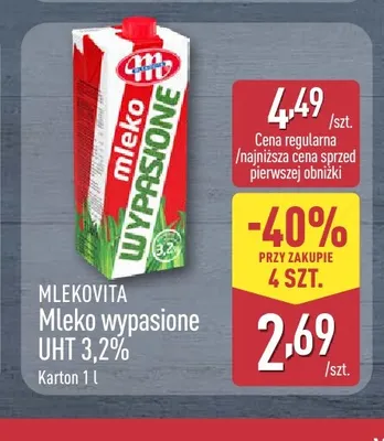 Mleko UHT wypasione Mlekovita 3,2% promocja w Aldi