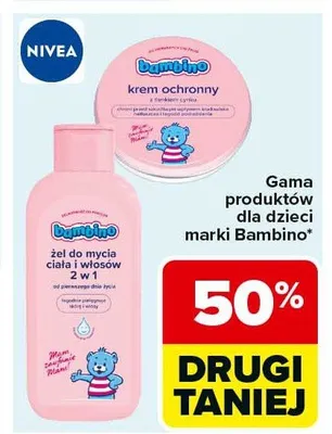 Gama produktów dla dzieci marki Bambino żel do mycia ciała i włosów 2 w 1 krem ochronny promocja w Carrefour Market