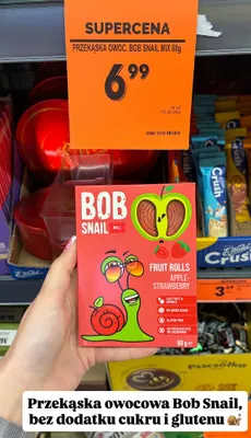 Przekąska owocowa Bob Snail Fruit Rolls Apple-Strawberry bez dodatku cukru i glutenu promocja w Biedronka