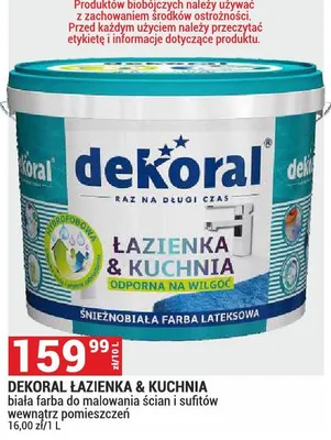Farba lateksowa Dekoral Łazienka & Kuchnia odporna na wilgoć śnieżnobiała promocja w Merkury Market