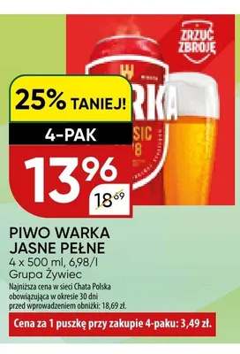 Piwo Warka Jasne Pełne 4-pak 500ml promocja w Chata Polska