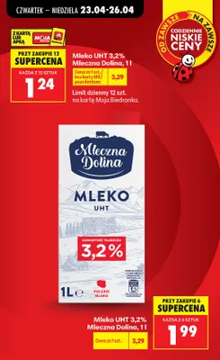 Mleko UHT 3,2% Mleczna Dolina promocja w Biedronka