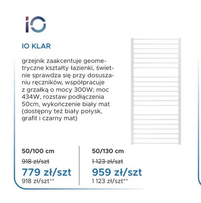 Grzejnik łazienkowy IO KLAR 50/100 cm promocja w Blu Salony Łazienek