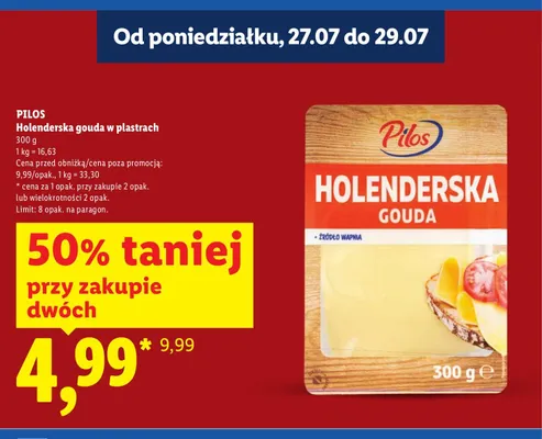 Ser żółty Holenderska gouda w plastrach Pilos promocja w Lidl