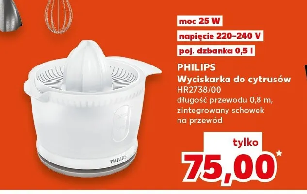 Wyciskarka do cytrusów HR2738/00 długość przewodu 0,8 m, zintegrowany schowek na przewód promocja w Kaufland
