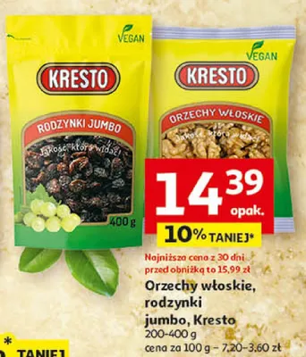 Orzechy włoskie, rodzynki jumbo Kresto 200-400g promocja w Auchan