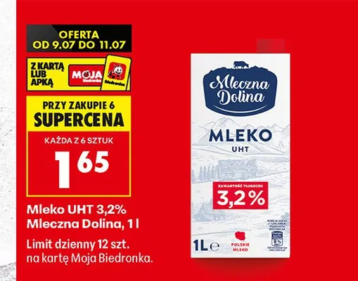 Mleko UHT 3,2% Mleczna Dolina promocja w Biedronka