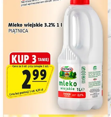 Mleko wiejskie 1 l Piątnica 3,2% promocja w Prim Market