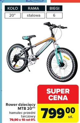 Rower dziecięcy MTB 20" hamulec przedni tarczowy promocja w Carrefour