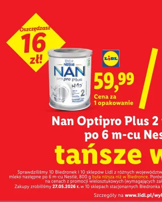 Mleko następne Nan Optipro Plus 2 po 6 m-cu promocja w Lidl