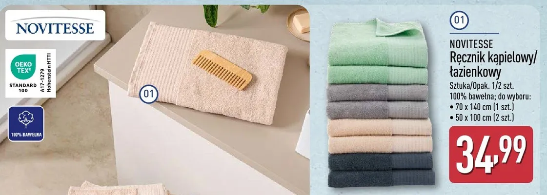 Ręcznik łazienkowy 50x100 cm, 2 szt. NOVITESSE promocja w Aldi