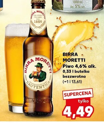 Piwo Birra Moretti L'Autentica 4,6% butelka bezzwrotna promocja w Kaufland