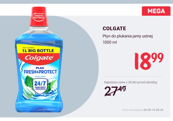 Płyn do płukania jamy ustnej Colgate Plax Fresh & Protect promocja w Rossmann