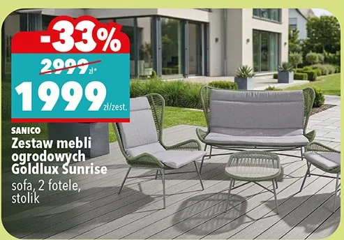 Zestaw mebli ogrodowych Goldlux Sunrise sofa, 2 fotele, stolik promocja w Biedronka