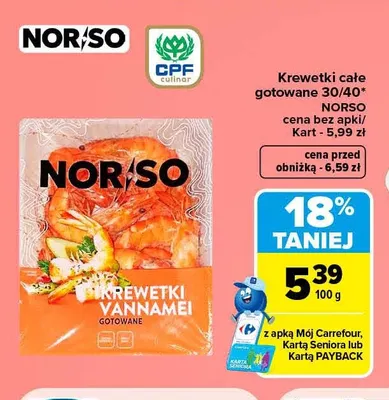 Krewetki całe gotowane Norso promocja w Carrefour Market