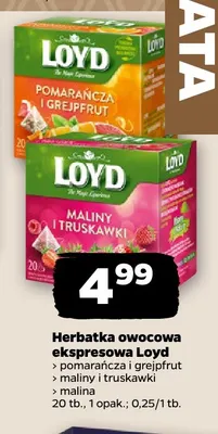 Herbatka owocowa ekspresowa Loyd maliny i truskawki promocja w Netto
