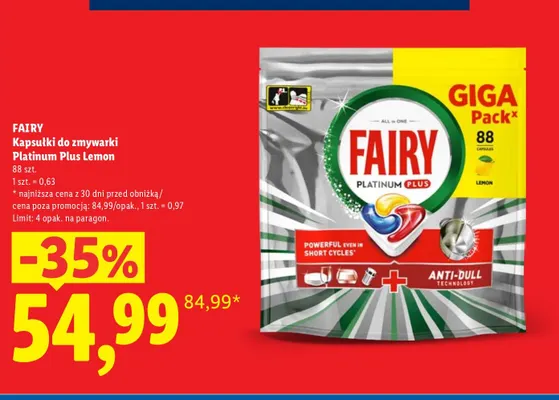 Kapsułki do zmywarki Fairy Platinum Plus Lemon 88-pak promocja w Lidl