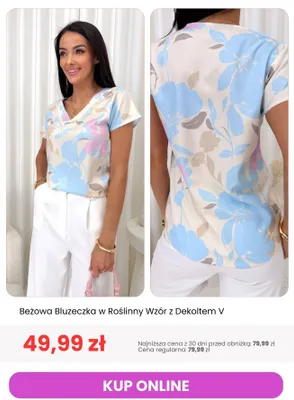 Bluzka damska ModnaKiecka beżowa w roślinny wzór z dekoltem V promocja w Modna Kiecka